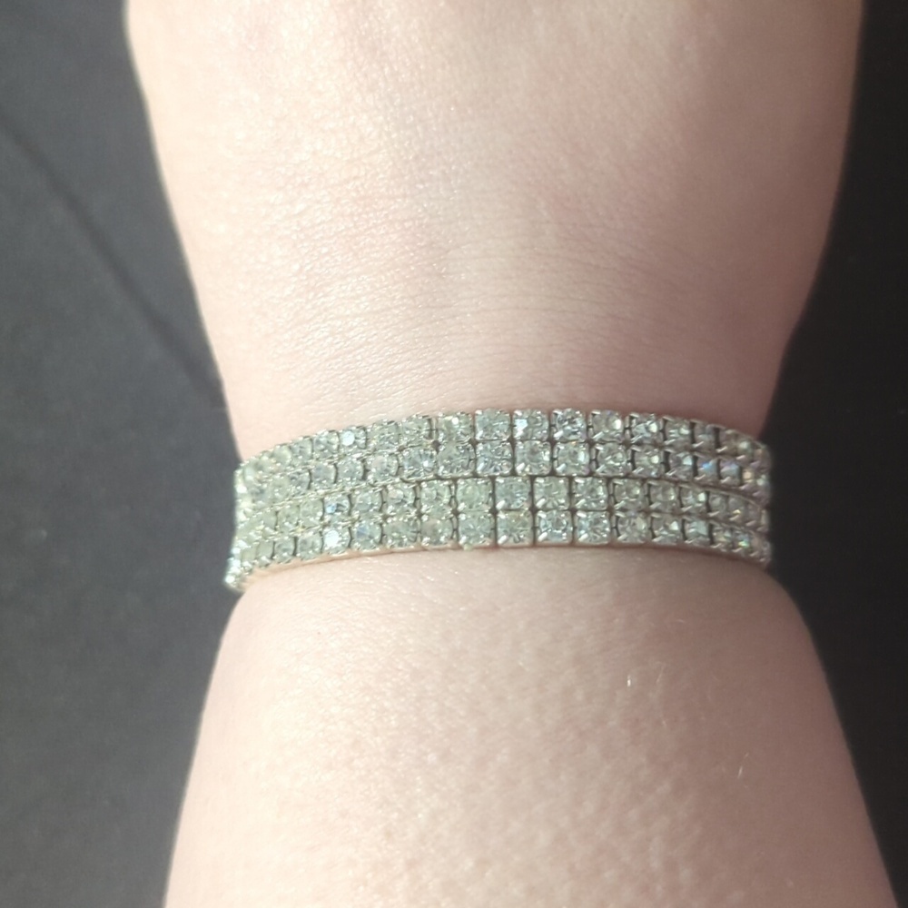Silver Tone Clear Rhinestone Stretchy Metal Statement Bracelet - Set of 2